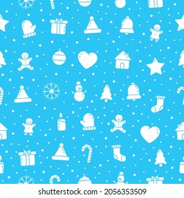 Christmas seamless blue pattern. Winter toys collection. New Year symbols wallpaper. Vector holiday illustration