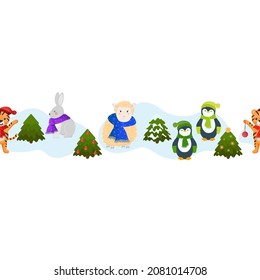 Frontera perfecta de Navidad con animales y árboles de Navidad. Un bonito fondo de vacaciones de invierno.
