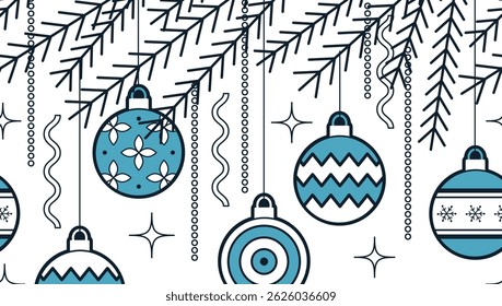 Christmas Seamless Border. Banner. Fir Tree Branches with Christmas Ball Ornaments, New Year's Tinsel. Trendy Geometric Flat Style. Merry Christmas, Happy New Year Design. Vector in Blue White Black