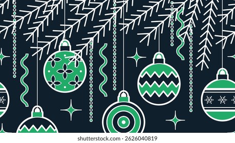 Christmas Seamless Border. Banner. Fir Tree Branches with Christmas Ball Ornaments, New Year's Tinsel. Trendy Geometric Flat Style. Merry Christmas, Happy New Year Design. Vector in Black Green White 