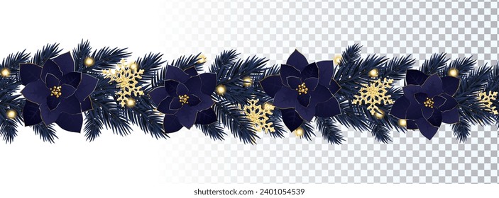 Christmas seamless border with blue poinsettia, fir branches and snowflakes. Festive decoration. Isolated endless illustration.