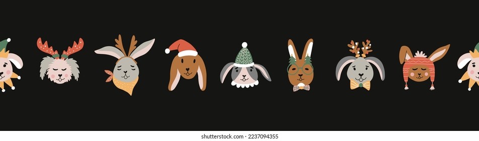 Christmas seamless border with cute rabbit in Santa hats and scarves. Horizontal seamless header for website template, promotion, headline. Vector illustration. 