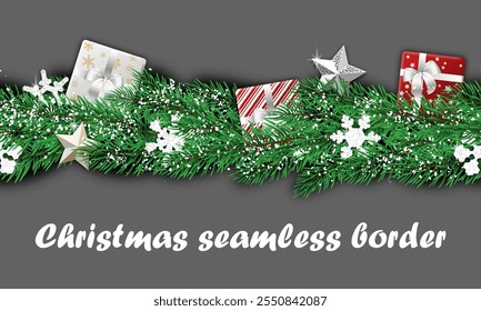 Christmas seamless border. an endless strip of fir branches, gift boxes and Christmas decorations. realistic vector graphic element for card, greeting, banner, brochure, website. christmastime vibe.