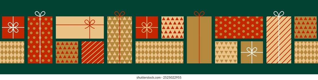Christmas seamless border with gift boxes on green background. Flat style. Template for winter holidays design. Vector illustration