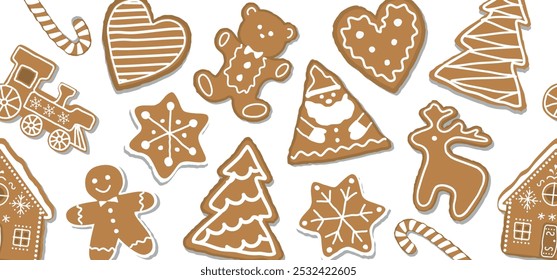 Christmas Seamless Border with Gingerbread Cookies. Banner. Gingerbread houses, deer, heart, Gingerbread Man, Star. Cute Background. Template. Vector illustration on White Background