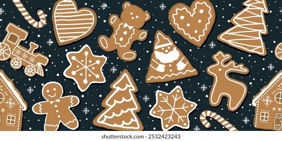 Christmas Seamless Border with Gingerbread Cookies. Banner. Gingerbread houses, deer, heart, Gingerbread Man, Star. Cute Background. Template. Vector illustration on Dark Blue Background