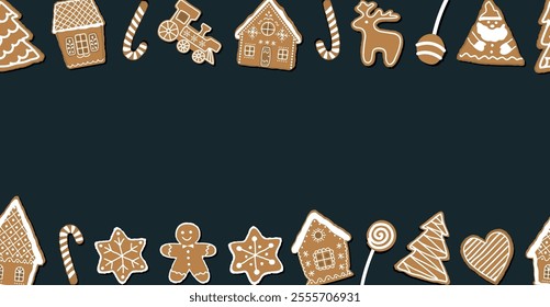 Christmas Seamless Border with Gingerbread Cookies. Banner. Gingerbread houses, deer, heart, Gingerbread Man, Star. Cute Background. Template. Vector illustration on Dark Blue Background.