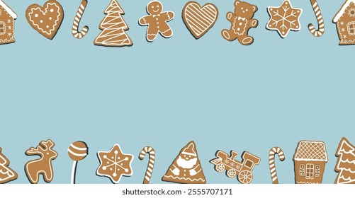 Christmas Seamless Border with Gingerbread Cookies. Banner. Gingerbread houses, deer, heart, Gingerbread Man, Star. Cute Background. Template. Vector illustration on Light Blue Background