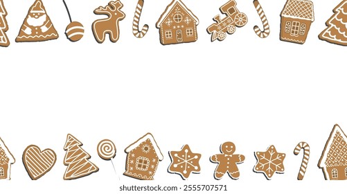 Christmas Seamless Border with Gingerbread Cookies. Banner. Gingerbread houses, deer, heart, Gingerbread Man, Star. Cute Background. Template. Vector illustration on White Background