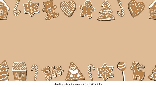 Christmas Seamless Border with Gingerbread Cookies. Banner. Gingerbread houses, deer, heart, Gingerbread Man, Star. Cute Background. Template. Vector illustration on Caramel Background