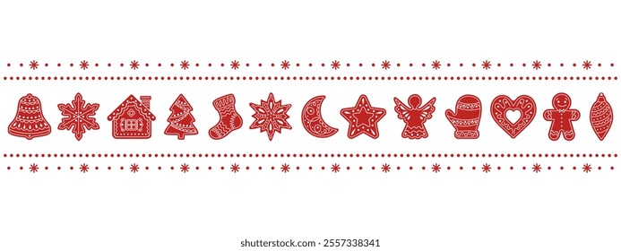 Christmas seamless border with gingerbread cookies in the form of different characters and holiday items. Red and white illustration.