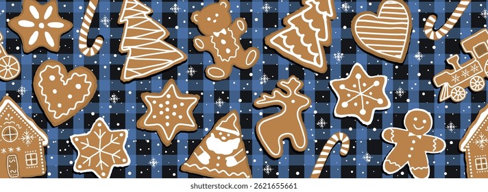 Christmas Seamless Border with Gingerbread Cookies. Banner. Gingerbread House, Deer, Heart, Gingerbread Man, Star. Winter Classic Buffalo Plaid Bg. Vector image on Blue Black Checkered Background.