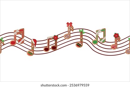 Weihnachten nahtlose Grenze mit Lebkuchen musikalischen Noten. nahtloses musikalisches Pentagramm mit musikalischen Noten geformt Kekse