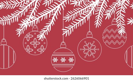 Christmas Seamless Border. Holiday Banner. Fir Tree Branches with Christmas Ball Ornaments. Merry Christmas Happy New Year Design. White Silhouettes on Red Background. Vector Illustration