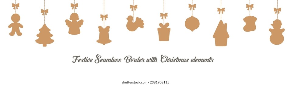 Christmas seamless border holiday hanging elements. Sugar cookies garland. Gingerbread man, Christmas tree, angel, festive bell, bird, gift box, ornament, snowman, present sock. Cute Xmas decoration.