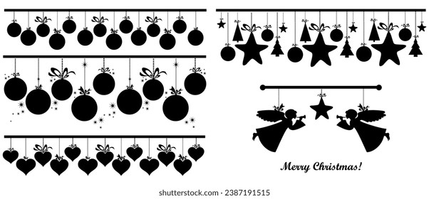  Christmas seamless border holiday hanging elements. Christmas branch with hanging Christmas balls and hearts. Xmas decoration for window. Happy New Year silhouette design. Web page background Vector 