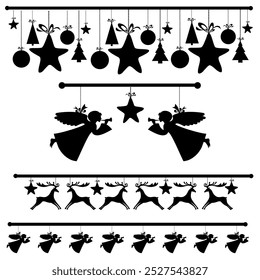 Christmas seamless border holiday hanging elements. Christmas branch with hanging Christmas balls and hearts. Xmas decoration for window. Happy New Year silhouette design. Web page background Vector 