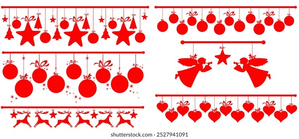 Christmas seamless border holiday hanging elements. Christmas branch with hanging Christmas balls and hearts. Xmas decoration for window. Happy New Year silhouette design. Web page background Vector 
