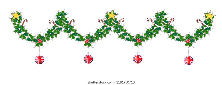 Christmas seamless border with holly leaves, holly berries and british Christmas ball. Decorative design element