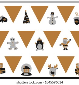 Christmas seamless border horizontal pattern of repeating gold triangles and cute characters - Santa Claus, snowman, deer, penguin, gingerbread man on a white background in the traditional