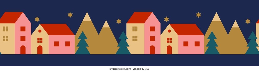 Christmas seamless border with houses, fir trees and mountains. Flat style. Template for winter holidays design. Vector illustration