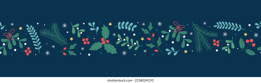 Weihnachten nahtlose Grenze mit Mistelen, Heiligen, Weihnachtsbaum und Beeren. Muster mit Ästen und Dekorationen eignen sich für Postkarten, Einladungen, Textilien. Vektorgrafik-Cartoon-Design.