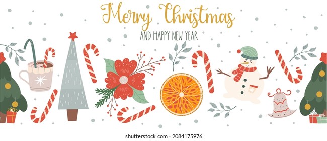 Christmas seamless border on a White background with the inscription merry christmas.Banner with text and trees, snowman, orange and lollipops for festive decor. Vector illustration in flat style.