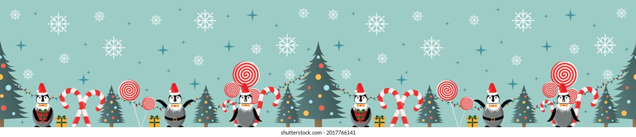Christmas seamless border with penguins, christmas trees, candies, presents and snowflakes on light background. New year seamless border for print. Eps 10.