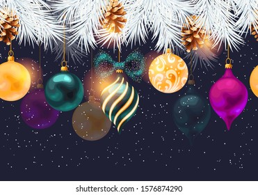 Christmas seamless border with pine and toys