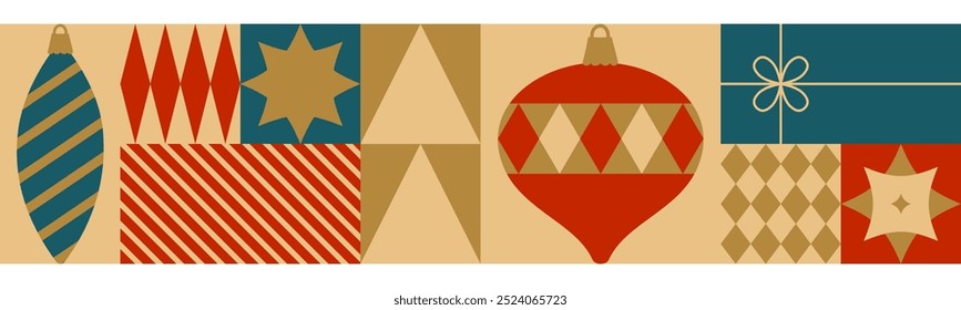 Natal sem emenda borda com vermelho, azul e dourado elementos geométricos e decoração de Natal. Estilo plano. Modelo para design de feriados de inverno. Ilustração vetorial