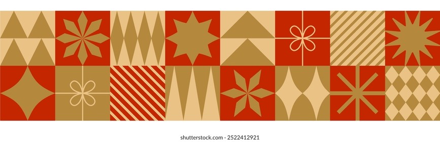 Christmas seamless border with red and golden geometric elements. Flat style. Template for winter holidays design. Vector illustration