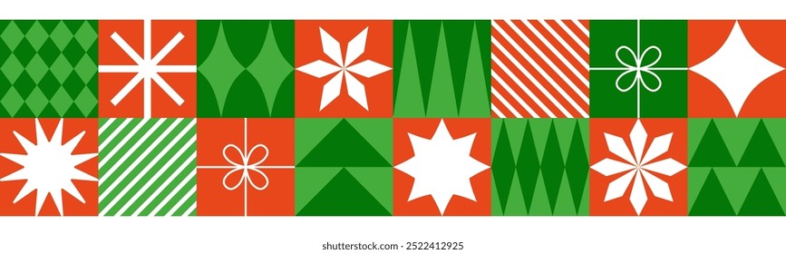 Christmas seamless border with red, green and white geometric elements. Flat style. Template for winter holidays design. Vector illustration