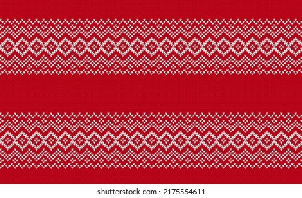 Christmas seamless border. Red knitted geometrical pattern. Xmas print. Fair isle traditional ornament. Holiday background. Festive sweater. Vector illustration.