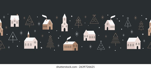 Christmas Seamless Border, Ribbon with Holiday Buildings, Golden Trees on Black Background