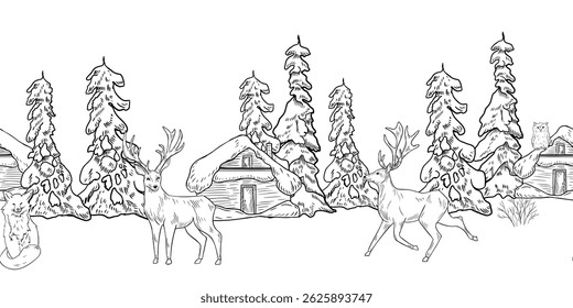 Christmas seamless border of snowy trees, woodland hut, forest animals hand drawn black white outline vector. Fir forest with rustic cabin, deer, fox, and owl sketch by ink for holiday cards, prints.