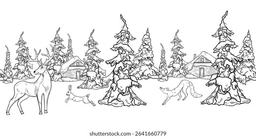 Christmas seamless border of snowy trees, woodland hut, and forest animals hand drawn black white outline vector. Winter fir forest with rustic cabin, deer, fox, and hare ink sketch for festive prints