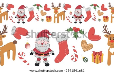 Christmas seamless border with stocking, santa claus, rein deer, gingerbread cookies, candy cane, holly berry plant tree decorations, gift box on white background. Hand drawn vector flat illustration
