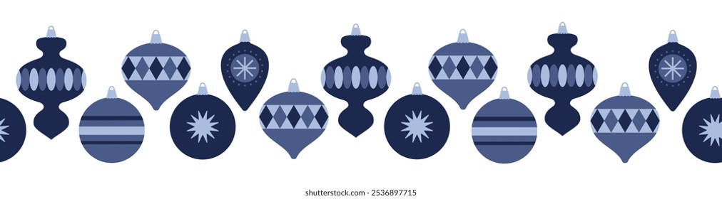 Christmas seamless border with christmas tree decoration in blue colors. Flat style. Template for winter holidays design. Vector illustration