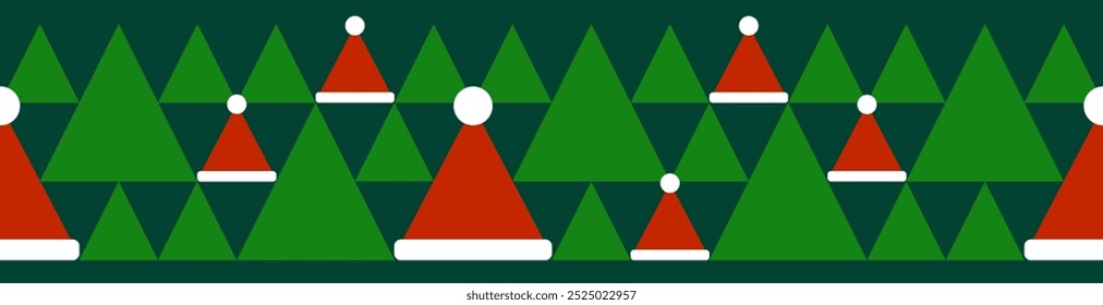 Christmas seamless border with triangles and santa hat. Flat style. Template for winter holidays design. Vector illustration