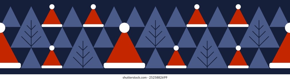 Christmas seamless border with triangles and santa hat. Flat style. Template for winter holidays design. Vector illustration