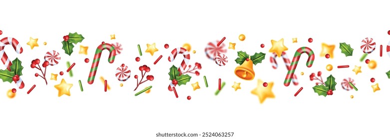 Christmas seamless border, vector 3D New Year confetti frame, winter holiday candy cane, star, bell. Greeting seasonal December design banner, serpentine cartoon background. Christmas border design