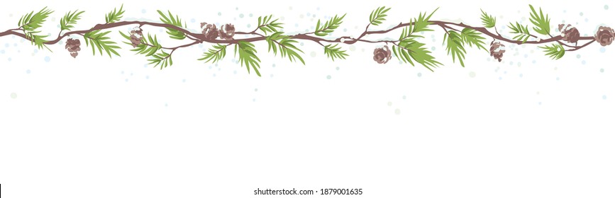 Christmas seamless border. Vector illustration with fir branches, snow covered trees.