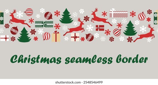 christmas seamless border. vector illustration of snowflakes, deers, firs, balls, gifts. winter horizontal graphic element for banner, flayer, card, New Year greetings, invitation, fabric, packaging