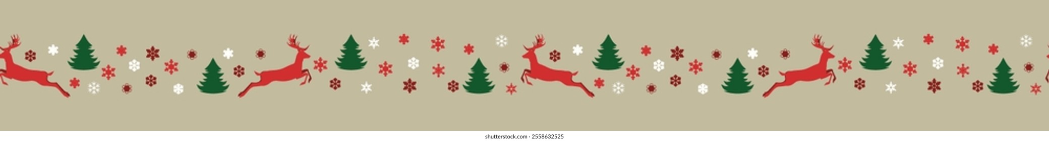 christmas seamless border. vector illustration drawn pattern of many different snowflakes, deers, fir. graphic element for banner, flayer, card, New Year greetings, invitation, fabric, packaging