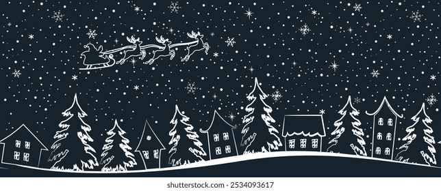 Christmas Seamless Border. Winter Bac. Santa Claus is Riding Across the Sky on Deer. White Silhouettes of Houses, Fir Trees on Dark Blue Background. Vector Illustration