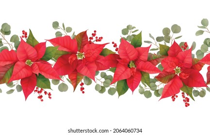 Christmas seamless border with Winter flower Poinsettia, Mistletoe, branches of Rowan tree with Berries. Realistic floral 3d vector illustration for wrapping paper, textile, fabric, print, wallpaper