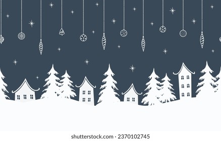 Christmas seamless border. Winter landscape. White houses, fir trees, Christmas tree decorations on dark blue background. Winter village in holidays. Vector illustration