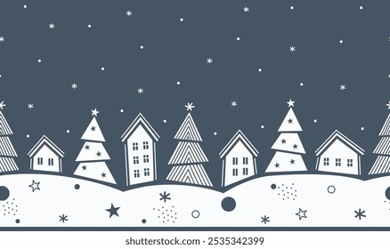 Christmas Seamless Border. Winter Village in Modern Geometric Style. Trendy Christmas  Design. Holiday Greeting Card, Banner, Wrapping Paper, Invitation Template. Vector Illustration in Blue, White