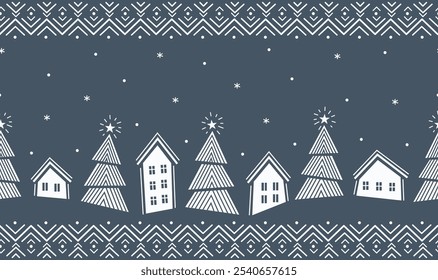 Christmas Seamless Border. Winter Village in Modern Geometric Style. Trendy Christmas Design. Holiday Greeting Card, Banner, Invitation Template. Vector Illustration in Dark Blue, White