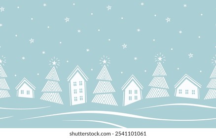 Christmas Seamless Border. Winter Village in Modern Geometric Style. Trendy Christmas Design. Holiday Greeting Card, Banner Template. Vector Illustration in Light Blue, White